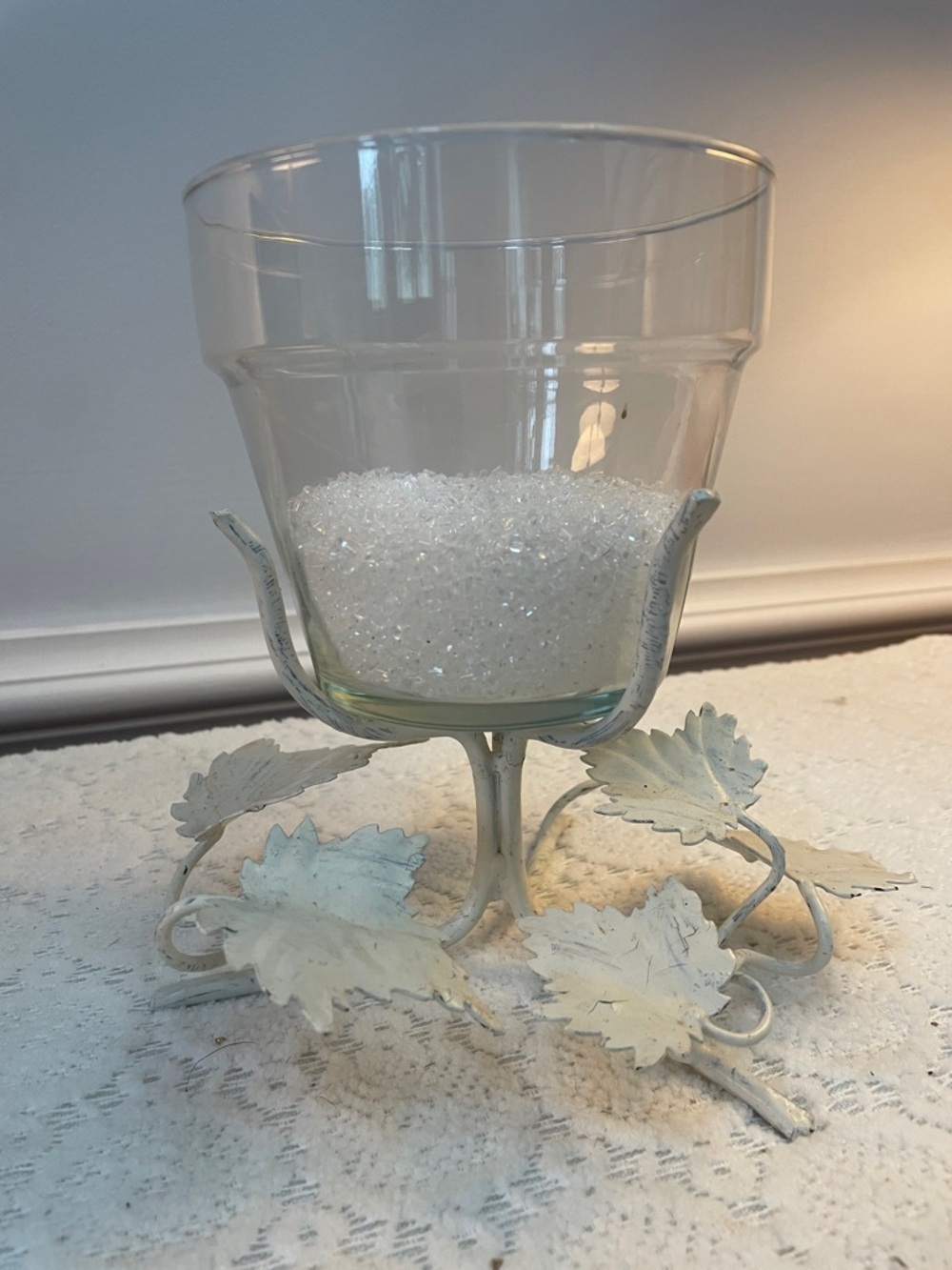Leaf Motif Glass Hurricane Candle Holder in Pale Cream